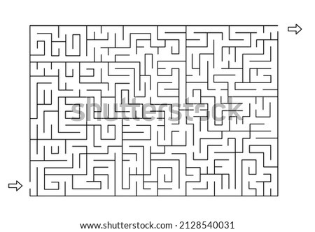 Rectangle labyrinth with entry and exit. Line maze game. Hard -Medium complexity. Kids maze puzzle, vector illustration