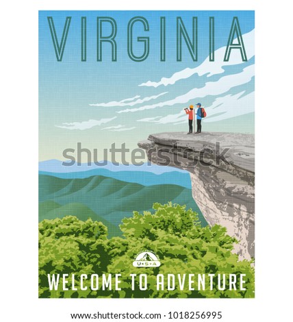 Virginia, United States retro style travel poster or sticker. Scenic view from rocky cliff on the Appalachian Trail.