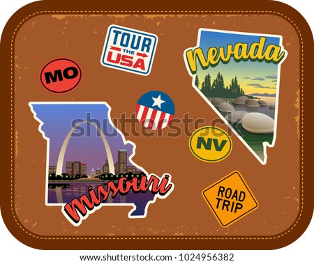 Missouri, Nevada travel stickers with scenic attractions and retro text on vintage suitcase background