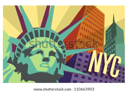 illustrated travel poster of NYC and Statue of Liberty