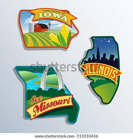 Midwest United States Illinois Missouri Iowa vector illustrations designs