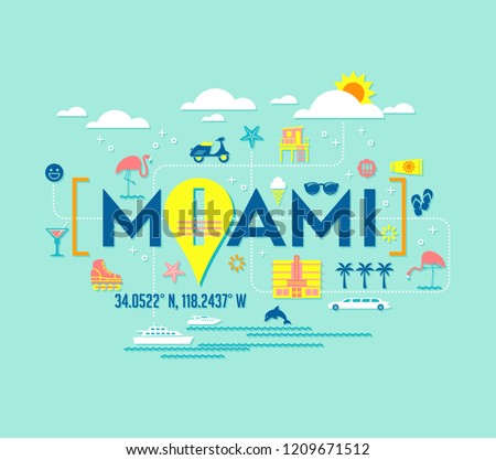 Miami, Florida vector design of attractions icons, and typography. For t-shirts, cards, banners, posters.