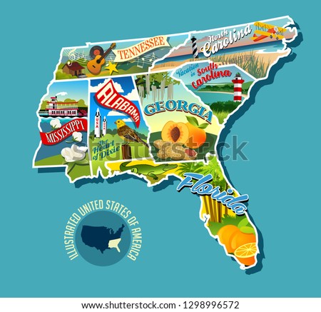 Illustrated pictorial map of Southern United States. Includes Tennessee, Carolinas, Georgia, Florida, Alabama and Mississippi. Vector Illustration.