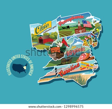 Illustrated pictorial map of eastern United States. Includes Pennsylvania, New Jersey, West Virginia, Virginia, North Carolina, Delaware and Maryland. Vector Illustration.