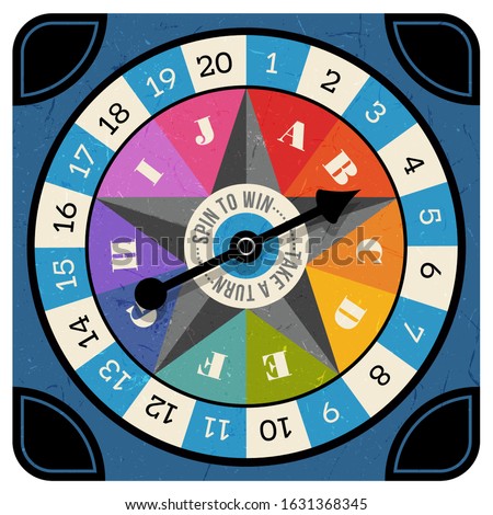 Vintage style spinner for board game with spinning arrow, numbers, and letters. Design elements for web pages, gaming, print, games. 