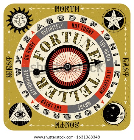 Vintage style fortune teller spin game with spinning arrow, answers, letters and mystic symbols. Vector illustration for web pages, gaming, banners, print, board games.  Stock foto © 