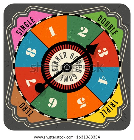 Vintage style spinner for board game with spinning arrow, numbers, and letters. Design elements for web pages, gaming, print, games. 