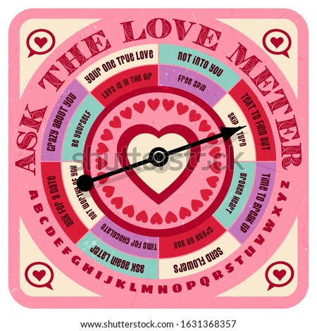 Retro romance advice game and love predictor with spinning arrow, answers, letters and heart symbols. Fun for Valentines Day, social media, cards, posters, print materials, board games. 