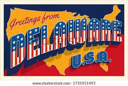 Greetings from Delaware USA. Retro style postcard with patriotic stars and stripes lettering and United States map in the background. Vector illustration.