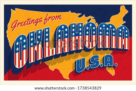 Greetings from Oklahoma USA. Retro postcard with patriotic stars and stripes lettering and United States map in the background. Vector illustration.