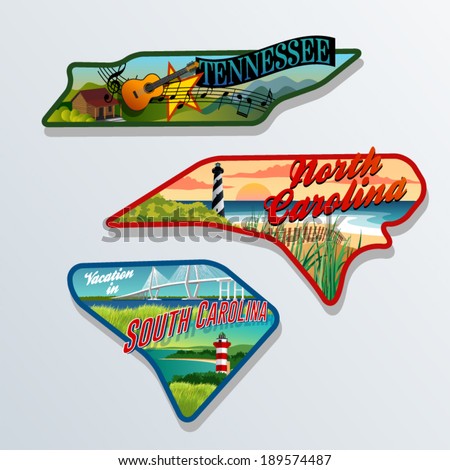 luggage sticker designs of Tennessee, South Carolina, and North Carolina United States
