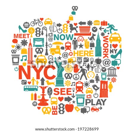 New York City NYC icons and symbols big apple