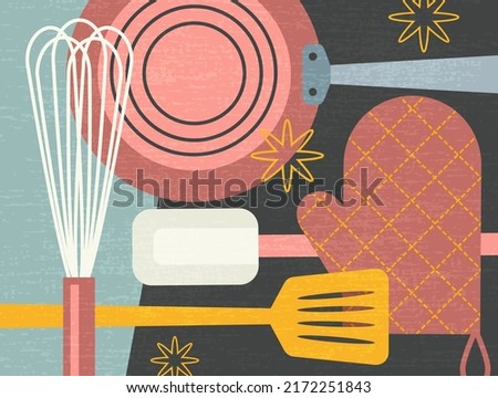 composite illustration of cooking tools and appliances for food preparation. Retro culinary theme vector illustration for artwork, decor, social media, banners