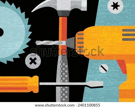 Abstract collage of hand tools and power tools for home improvement. Modern vector illustration for artwork, decor, social media, print