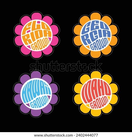 Set of retro psychedelic daisies with state names Florida, Georgia, Hawaii, Idaho for stickers, t-shirt designs, labels, design elements.


