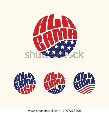 Alabama USA patriotic sticker or button set. Vector illustration for travel stickers, political badges, marketing.
