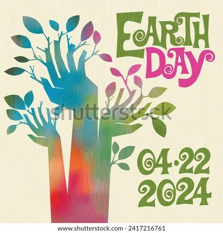 Earth Day April 22, 2024 retro design of raised hands sprouting branches and leaves. For posters, banners, social media, decor. 