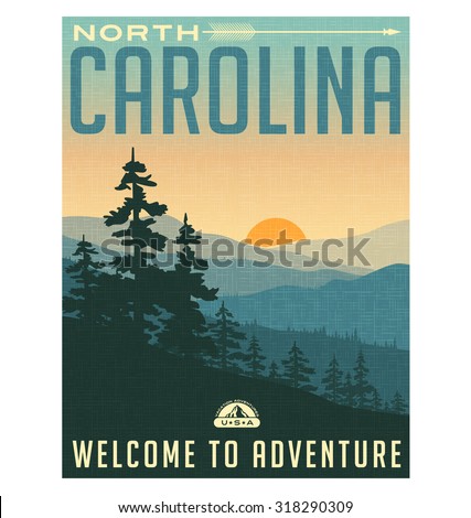 Retro style travel poster or sticker. United States, North Carolina, Great Smoky Mountains