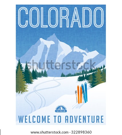 Retro style travel poster or sticker. United States, Colorado ski mountain landscape.