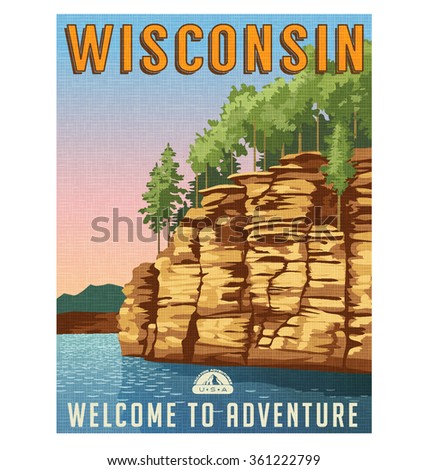 Retro style travel poster or sticker. United States, Wisconsin Dells, Wisconsin