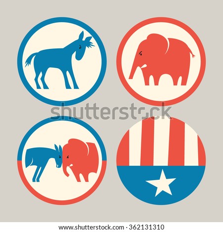 campaign buttons icons of republican elephant and democrat donkey