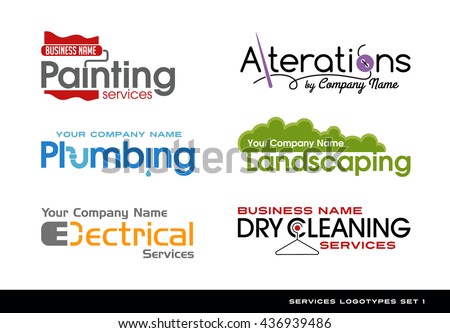 Set of logos logotypes for various services. plumbing, electrical, alterations, landscaping, painting and dry cleaning.