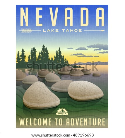 Nevada, Lake Tahoe United States retro travel poster or luggage sticker vector illustration