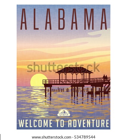 Alabama, United States travel poster or luggage sticker. Scenic illustration of a fishing pier on the Gulf coast at sunset. 