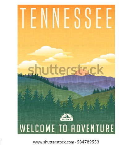 Tennessee, United States travel poster or luggage sticker. Scenic illustration of the Great Smoky Mountains with pine trees and sunrise. 