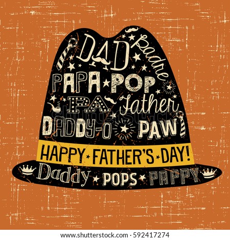 Father's Day greeting card. Doodle style fedora with different words for dad. Foto stock © 