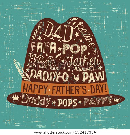 Father's Day greeting card. Doodle style fedora with different words for dad. Foto stock © 