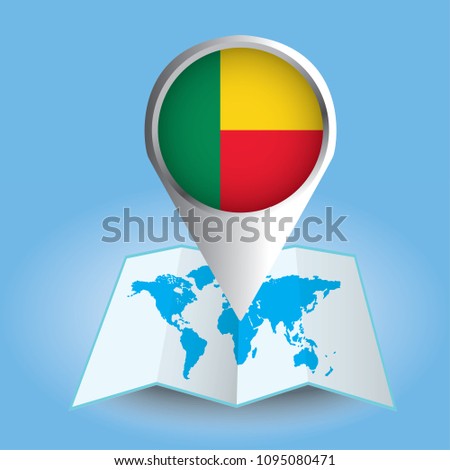 World map centered on America with magnified Benin. Blue flag and map of Benin. Abstract vector illustration.