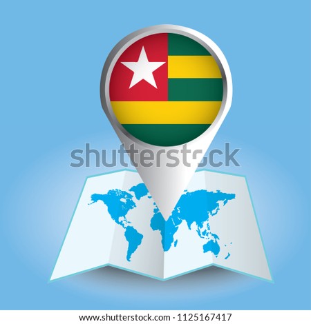 World map centered on Africa with magnified Togo. Blue flag and map of Togo. Abstract vector illustration.