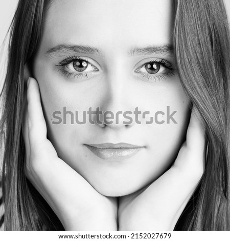 Similar – Image, Stock Photo analogue, direct, close black and white portrait of a young woman in the forest