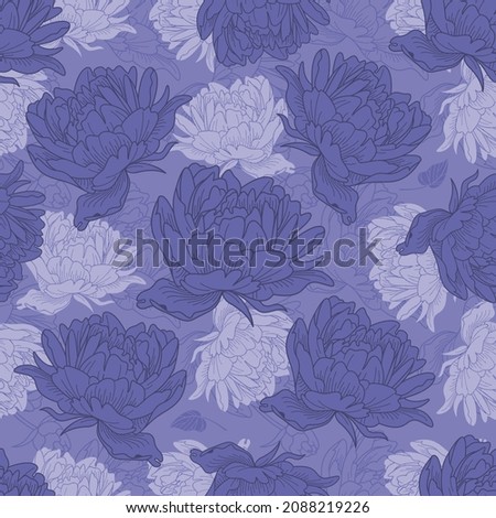 Peony flowers vector seamless pattern. Color of the year 2022 - very peri 17-3938 pantone. 商業照片 © 