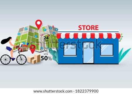 Concept of offline shopping, young women ride a bicycle to pick up the goods at store in a background of map and marker in perspective view.