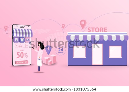 Concept of online to offline shopping, young women hold a smartphone to order a new shoe and going to pick up at store in pink and purple theme background.