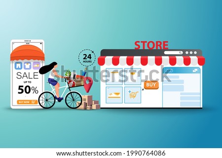 Concept of online to offline shopping, young women wear a medical face mask and ride a bicycle to order the goods and going to pick up at store in green color background.
