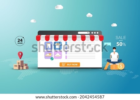 Concept of online shopping, man wear a face mask and sit on top of coinstack near a big screen of web browser that contain list of products to order a new shoe in green shade color background.