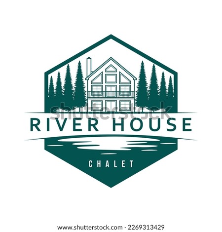 Hand drawn house and trees logo design. River house chalet emblem. Luxury real estate logotype.