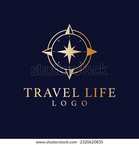 Travel life vector logo design. Minimalistic compass logotype. Elegant gold travel logo template.
