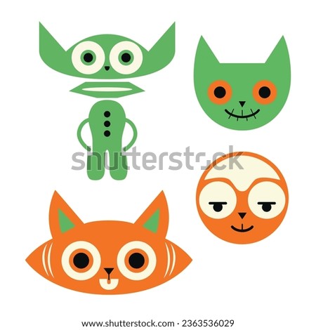 Abstract cat quartet in dark orange and light green with masks and totems. Minimalist illustrator's dream for creative projects