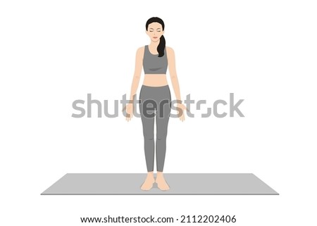 Mountain Pose Palms Facing Forward. Beautiful girl practice Tadasana Palms Facing Forward. Young attractive woman practicing yoga exercise. working out, black wearing sportswear, grey pants and top