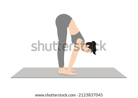 Upward Forward Fold, Half Standing Forward Bend. Beautiful girl practice Urdhva Uttanasana, Ardha Uttanasana. Young attractive woman practicing yoga exercise. working out, black wearing sportswear