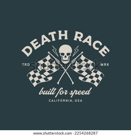 Skull with racing flag. Logo design illustration