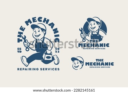 Mechanic Man, Handyman, Repairman Logo for Service, Repair or Maintenance Logo. Vintage Cartoon Mascot.