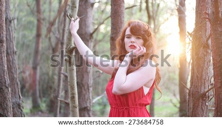 stylish Woman in red Dress Posing at the Woods , sunset