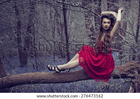 stylish Woman in red Dress Posing at the Woods