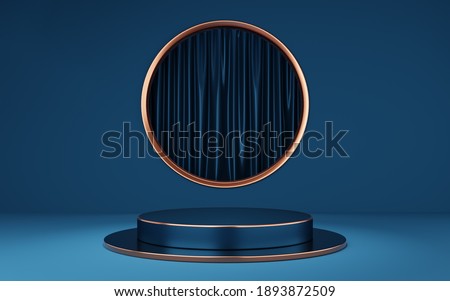 Empty blue and black cylinder podium with copper border on gold circle arch and curtain background. Abstract minimal studio 3d geometric shape object. Pedestal mockup space of product design. 3d rende