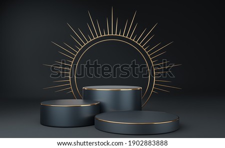 3 Empty gray cylinder podium with gold border and spiked halo circle on black background. Abstract minimal studio 3d geometric shape object. Pedestal mockup space for luxury gothic display. 3d renderi